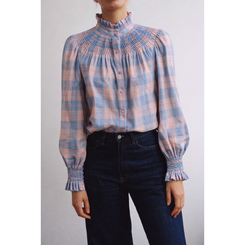 Andion Camelia plaid blouse size L Bespoke‎ smocked yoke cottagecore